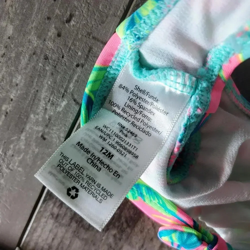 Wonder Nation Baby Girl 2 pc Swimsuit Bikini Size 12m Teal Hot Pink Tropical
